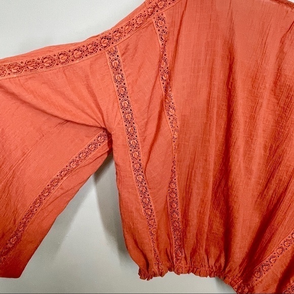 Free People Terra Cotta Maria Maria Top Ribbon Tie Gathered Waist Embroidery M - Picture 14 of 15